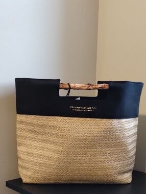 Donna Karan Black & Natural Straw Tote with Bamboo Handles